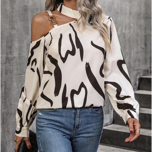 Elegant Off Cold Shoulder Asymmetrical Neck Long Sleeve Top Blouse Shirt - Picture 3 of 6